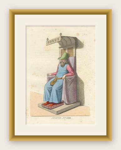 Medieval Elder in Throne c.1400s, Antique Costume Study Print, 1845, shown framed