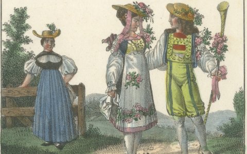 Swiss Woman, Swiss Bridal Couple and a Milkman of the Canton of Bern, 1842, close-up 1