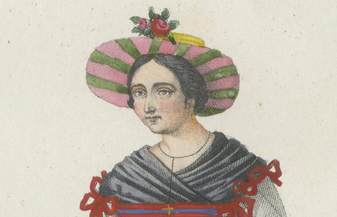 Tyrolean Woman Costume Print, Antique Hand-Colored Lithograph, 1854, close-up 3