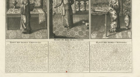 Antique Chinese Court Costume Engraving, Emperor & Palace Ladies, ca.1720, close-up 5