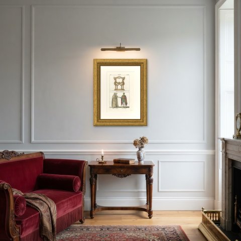 The Throne of Dagobert with Pepin, Bertha and Charlemagne, Lithograph, 1842, shown framed in a room