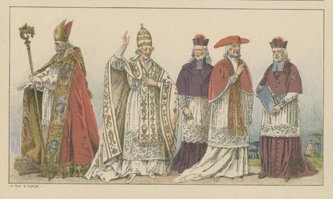 Renaissance and Baroque Clergy Dress, Antique Lithograph, ca.1880, close-up 3
