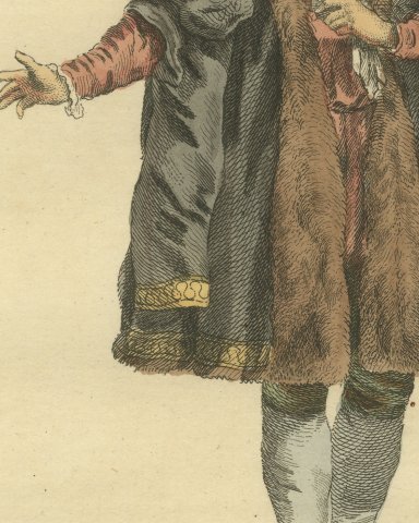 Senator of Leipzig in Fur-Faced Gown and Striped Hat, Costume of 1577, 1757, close-up 2