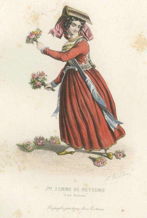 Set of Three Antique Italian Women Folk Costume Engravings, circa 1850, close-up 2