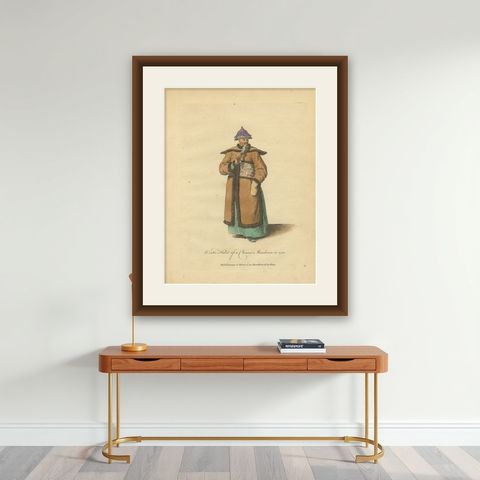 Chinese Mandarin in Winter Court Dress, Antique Print, Jefferys, 1749, shown framed on a wall