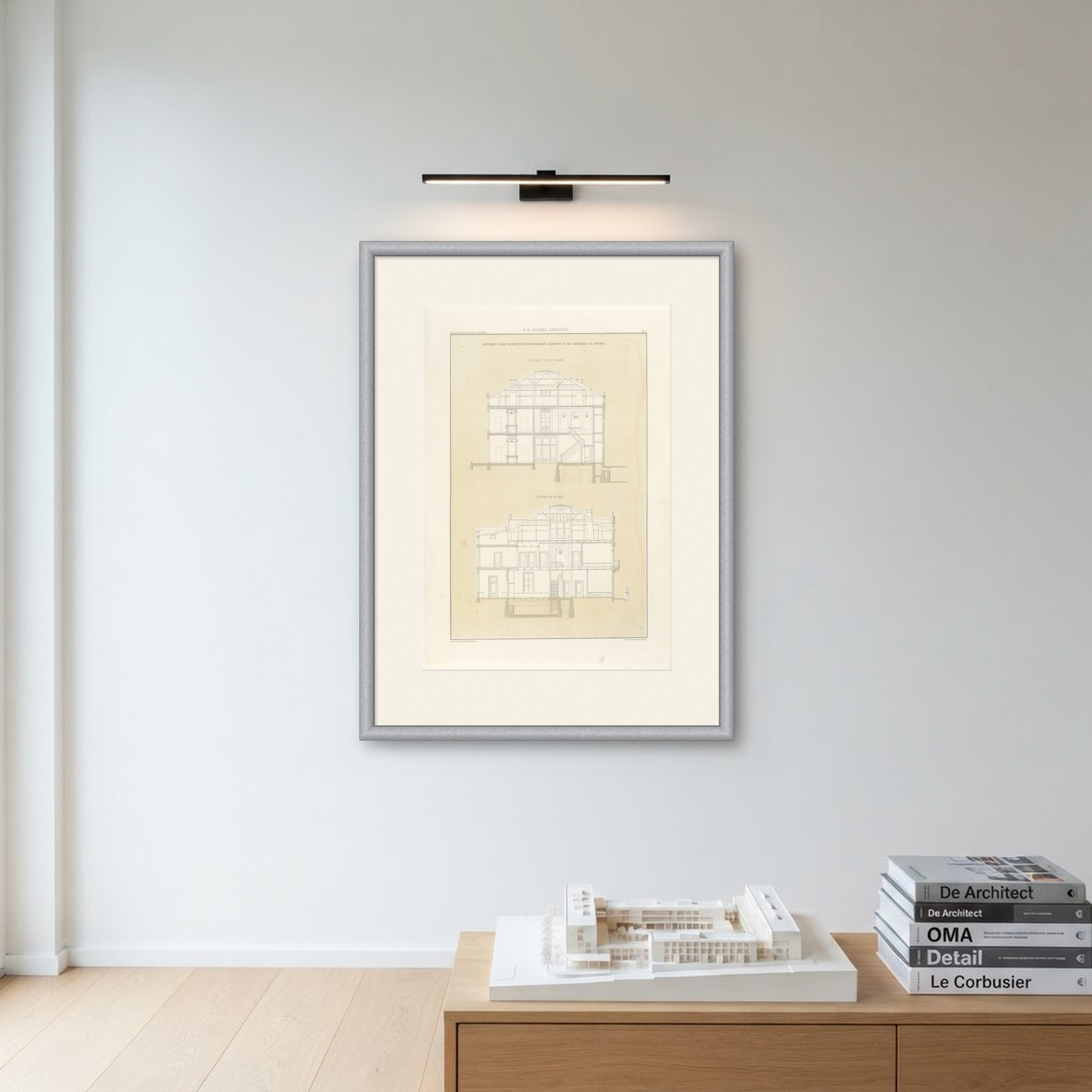 Meppel Country House, Sections, Dutch Architecture Print, Leliman, 1865-1866, shown framed on a wall