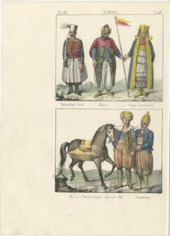 Istanbul Cadi, Standard Bearer, Head Cook and a Water Carrier, 1842, view 2
