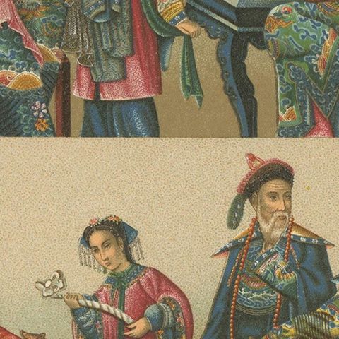 Pl. 54 Antique Print of Chinese Costumes by Racinet, 'circa 1880', close-up 2
