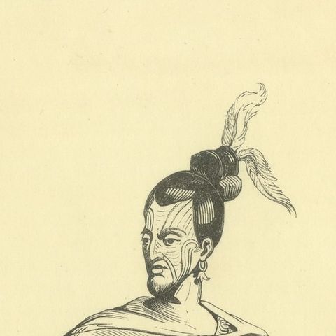 Chief of a Tribe of New Zealand, Antique Wahlen Costume Print, 1843-1844, close-up 2