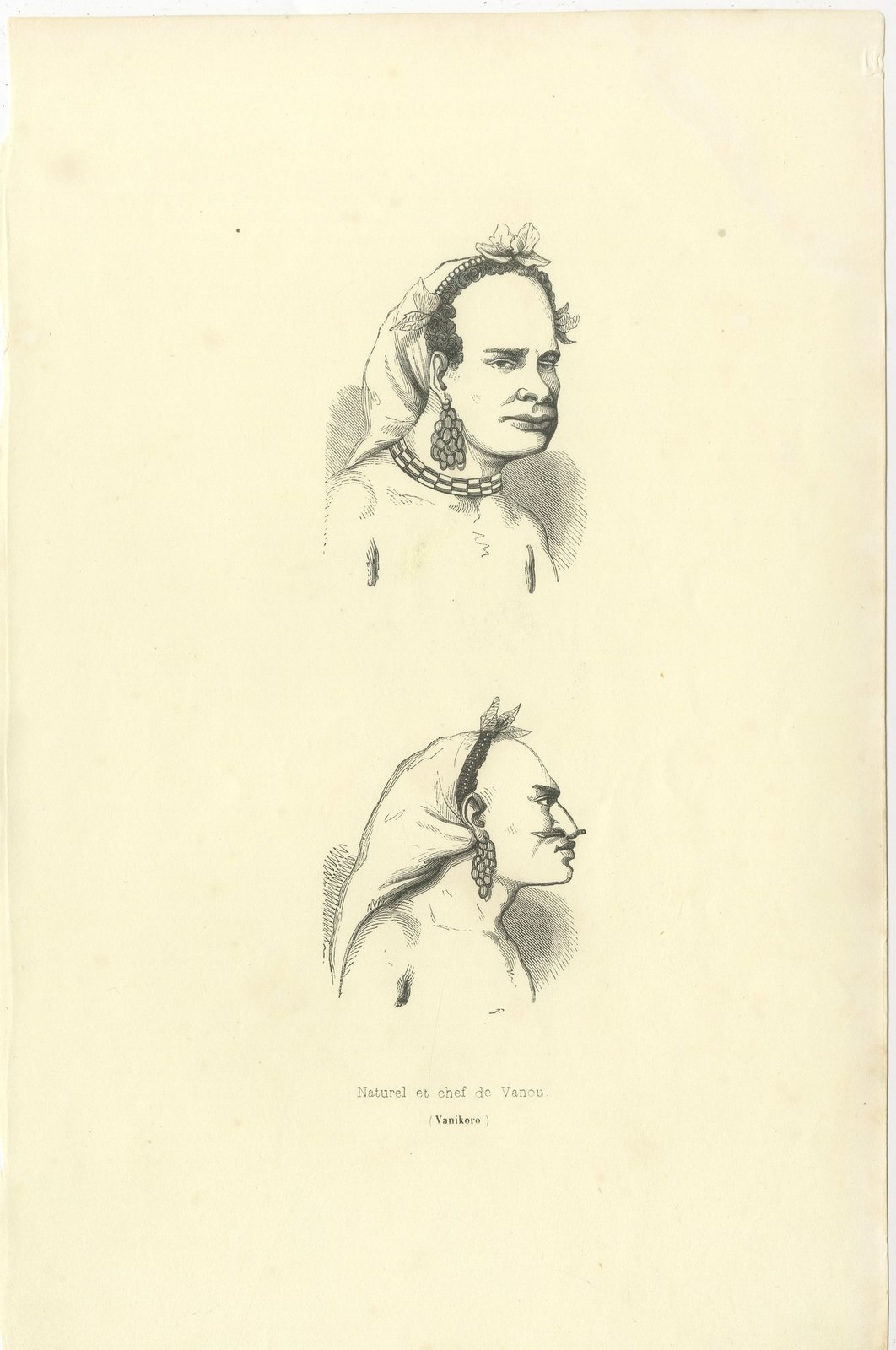 Native and Chief of Vannu, Vanikoro, Antique Wahlen Costume Print, 1843-1844