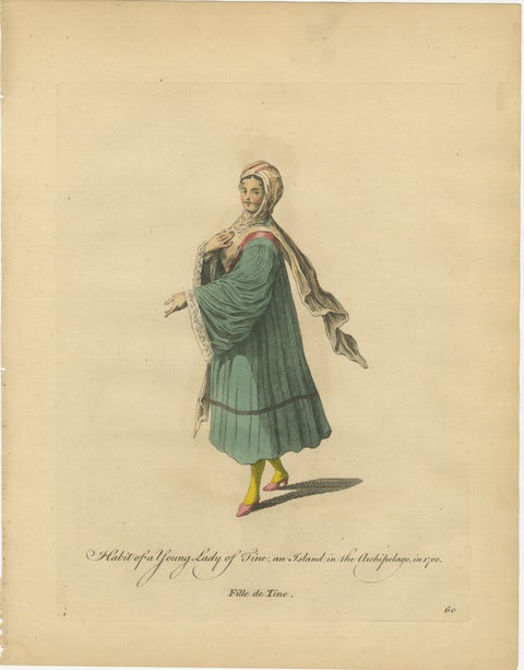 Antique Costume Print of a Young Lady of Tine, Greek Islands Engraving, 1749, view 2