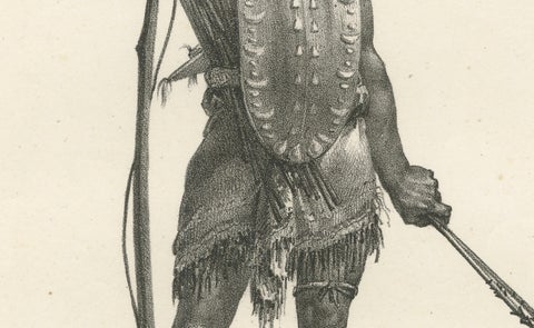 Warrior of Owhyhee (Hawaii) - Anthropophage in War Costume, 1785 Engraving, close-up 3