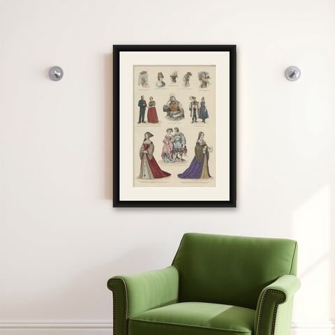 Decorative Print of Costumes of Hungary, England, Germany Holland Etc., C.1875, shown framed on a wall