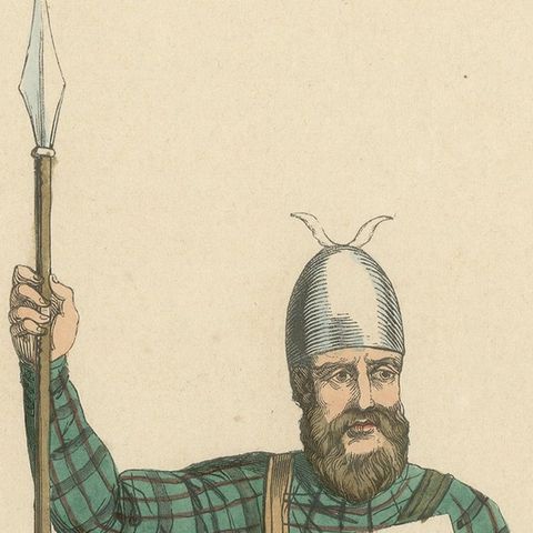 Scottish Knight in Tartan Attire with Heraldic Shield, Costume Di Moyen Age 1847, close-up 5