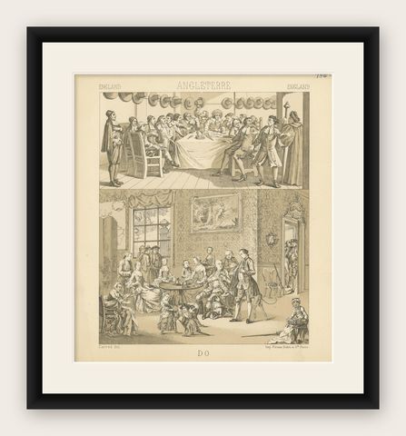 Pl. 156 Antique Print of English Scenes, Costumes by Racinet, 'circa 1880', shown framed