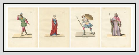 Set of Four Medieval Costume Figures, Hand-Colored Engravings, France 1845, view 3