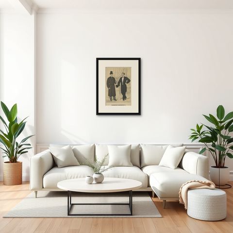 Antique Original Print of Men's Fashion, C.1890, shown framed in a room