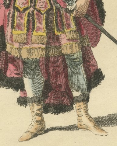 Aletes in the Tragedy of Creusa, Georgian Stage Costume, Jefferys Print, 1757, close-up 3