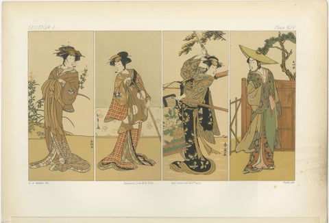 Antique Japanese Costume Print: Four Elegant Women in Edo-Period Kimono, 1882, view 2