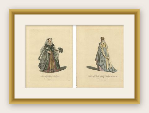 Bologna Renaissance Costume Engravings, Hand-Colored Italian Fashion Pair, 1749, shown framed