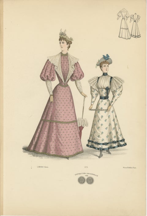 Victorian Fashion Duets: Elegant Ensembles in Lithographs Published in 1889, view 2