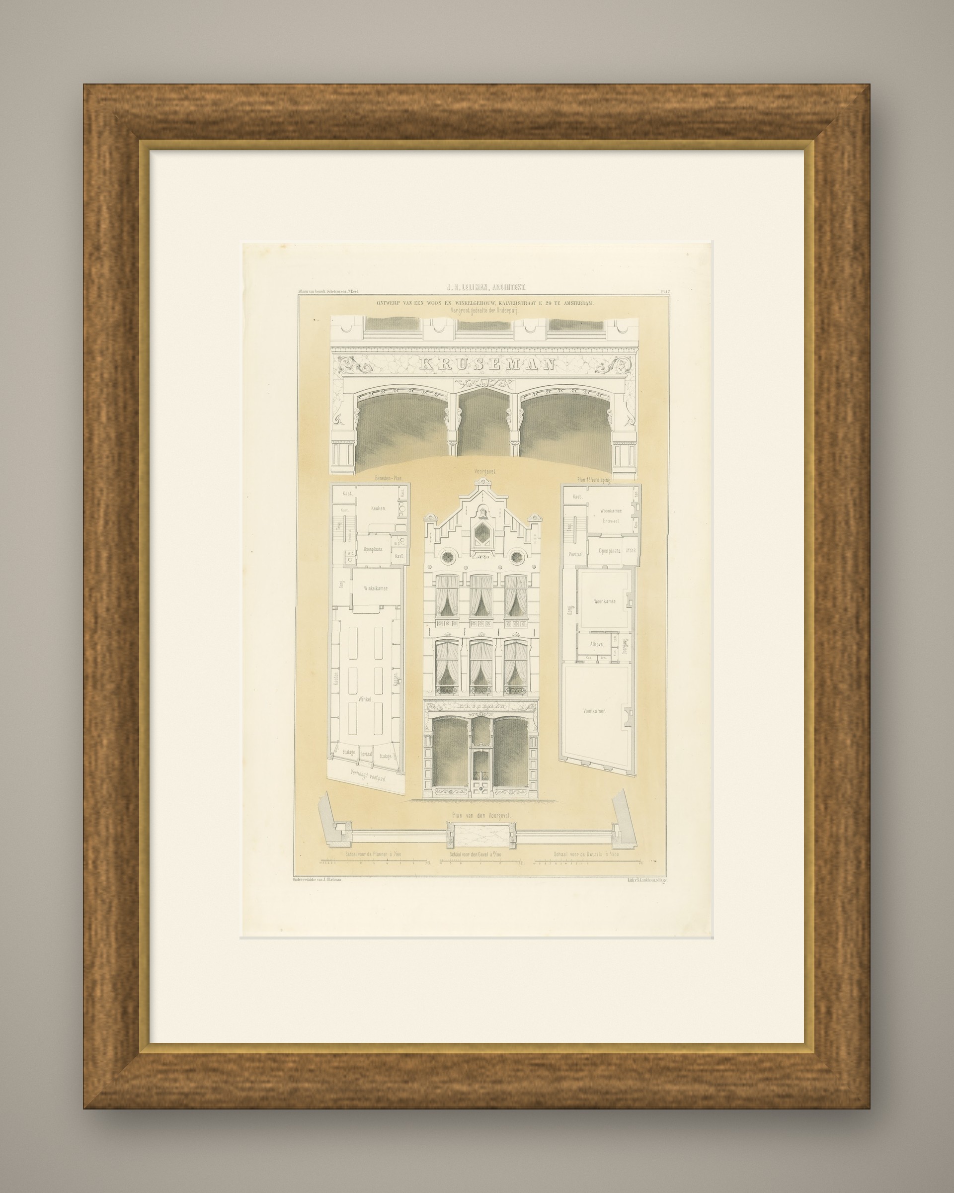 Kalverstraat Shop Front, Amsterdam, Dutch Architecture Print, Leliman, 1865-1866, shown framed