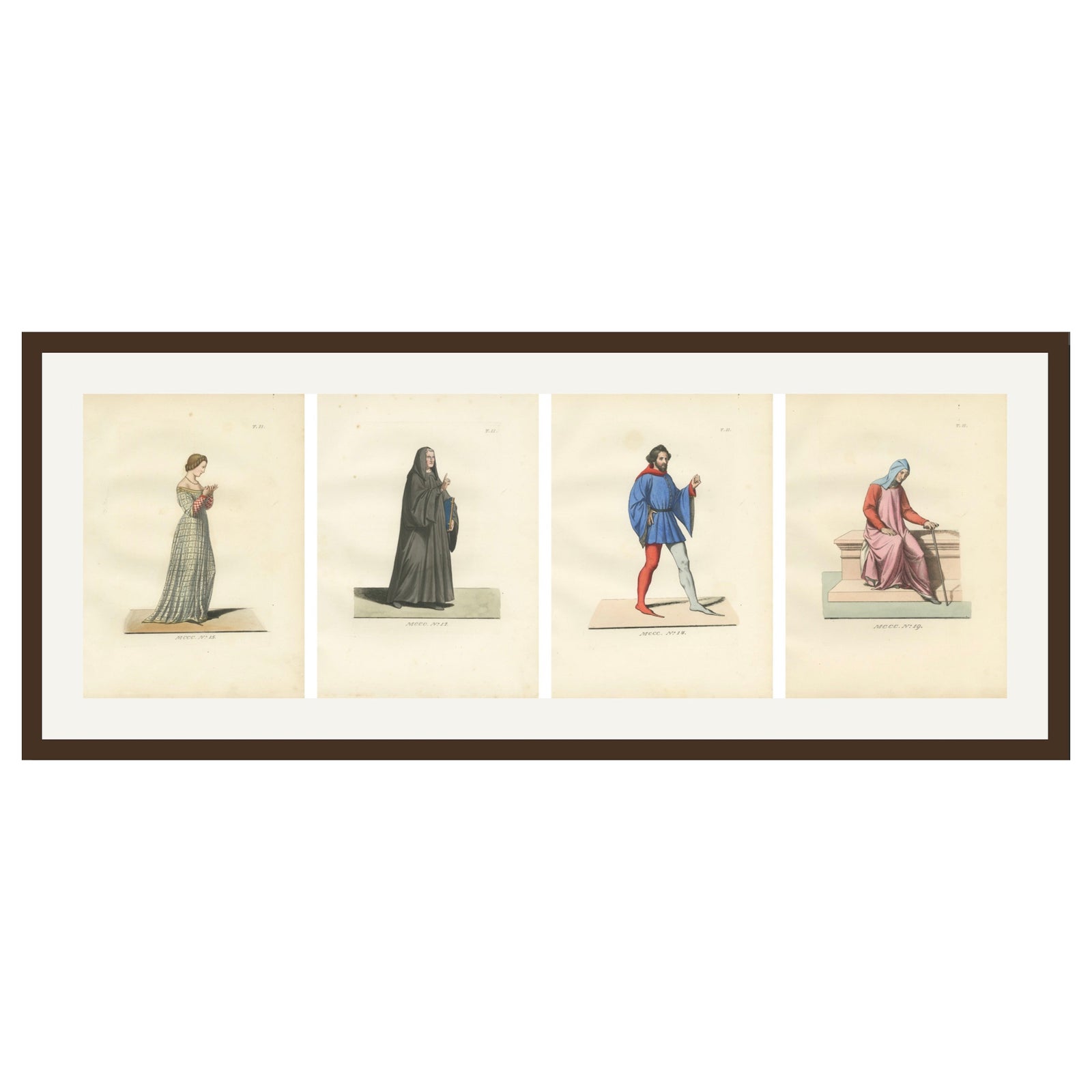 Set of Four Medieval Figures, Costume & Daily Life, Handcolored Engravings 1845
