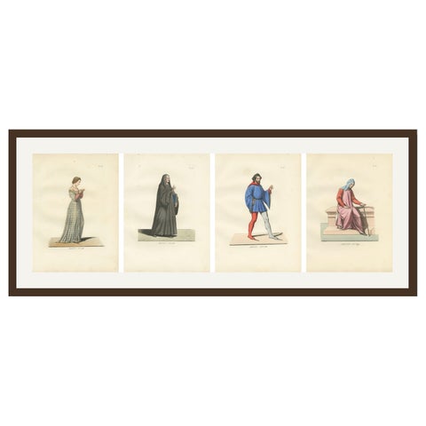 Set of Four Medieval Figures, Costume & Daily Life, Handcolored Engravings 1845