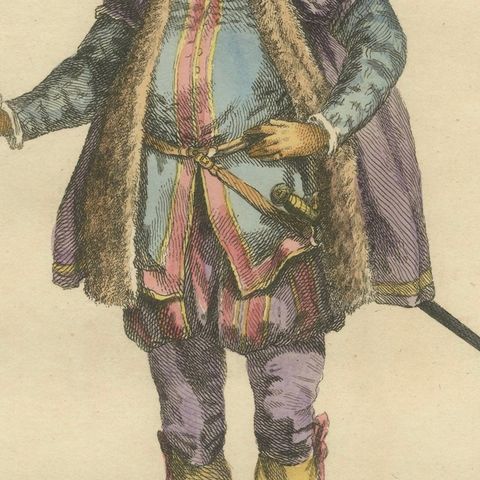 Danzig Merchant Costume Engraving, Polish Trade Figure, Hand-Colored, 1749, close-up 6