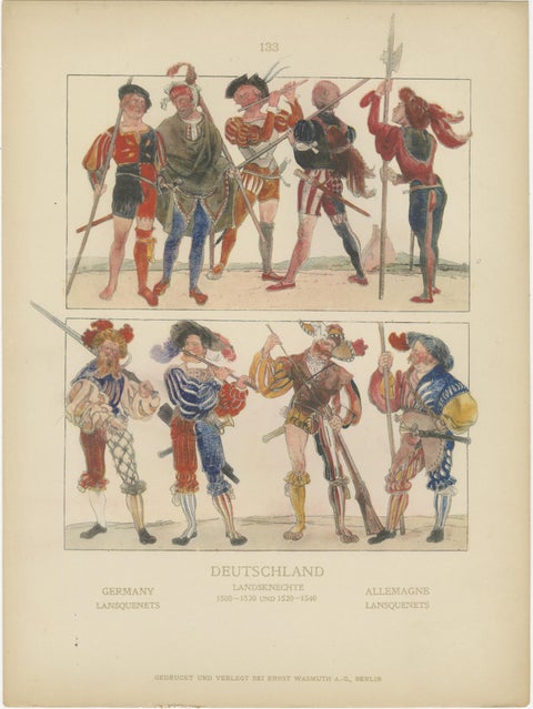 German Renaissance & Landsknecht Costumes 1500s, Set of 6 Antique Prints, 1880, view 5