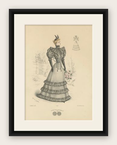 Victorian Elegance: Detailed Fashion Lithograph by L. Michau and De Solar, 1889, shown framed