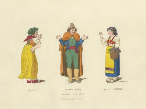 Costume Print: Italian Gestures with Traditional Dress, 1820s Engraving, close-up 5