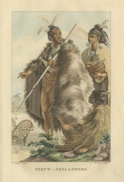 Maori Traditional Dress, Antique Hand-Colored Engraving, New Zealand, 1803, close-up 1