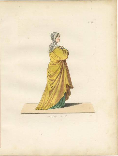 Set of Four Medieval Figures, Hand-Colored Costume Engravings, France 1845, view 3