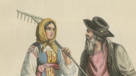 Russian Peasants from the Tver Governorate - Antique Costume Lithograph, c.1852, close-up 2