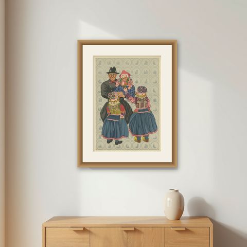 Traditional Dutch Costume from Marken, Men and Children in Festive Dress, 1932, shown framed on a wall