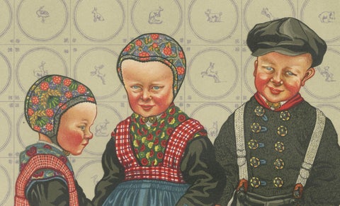 Dutch Children in Traditional Staphorst Dress with Delfts Blue Tile Background, close-up 5