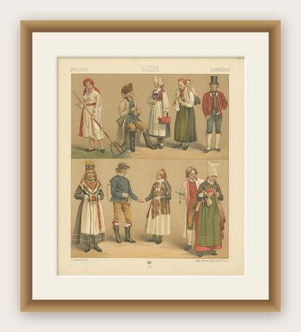 Pl. 128 Antique Print of Swedish Costumes of Racinet, 'circa 1880', shown framed