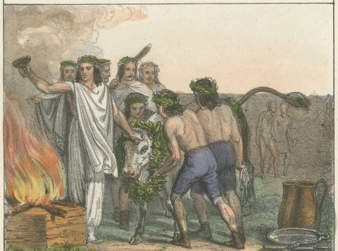 Ancient Germanic Deities and a Sacrifice, Partially Hand Colored, 1842, close-up 2