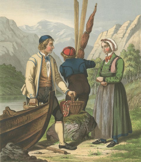 Norwegian Boatmen and Women in Sogn Costume, Scenic Folk Illustration, c.1860, close-up 4
