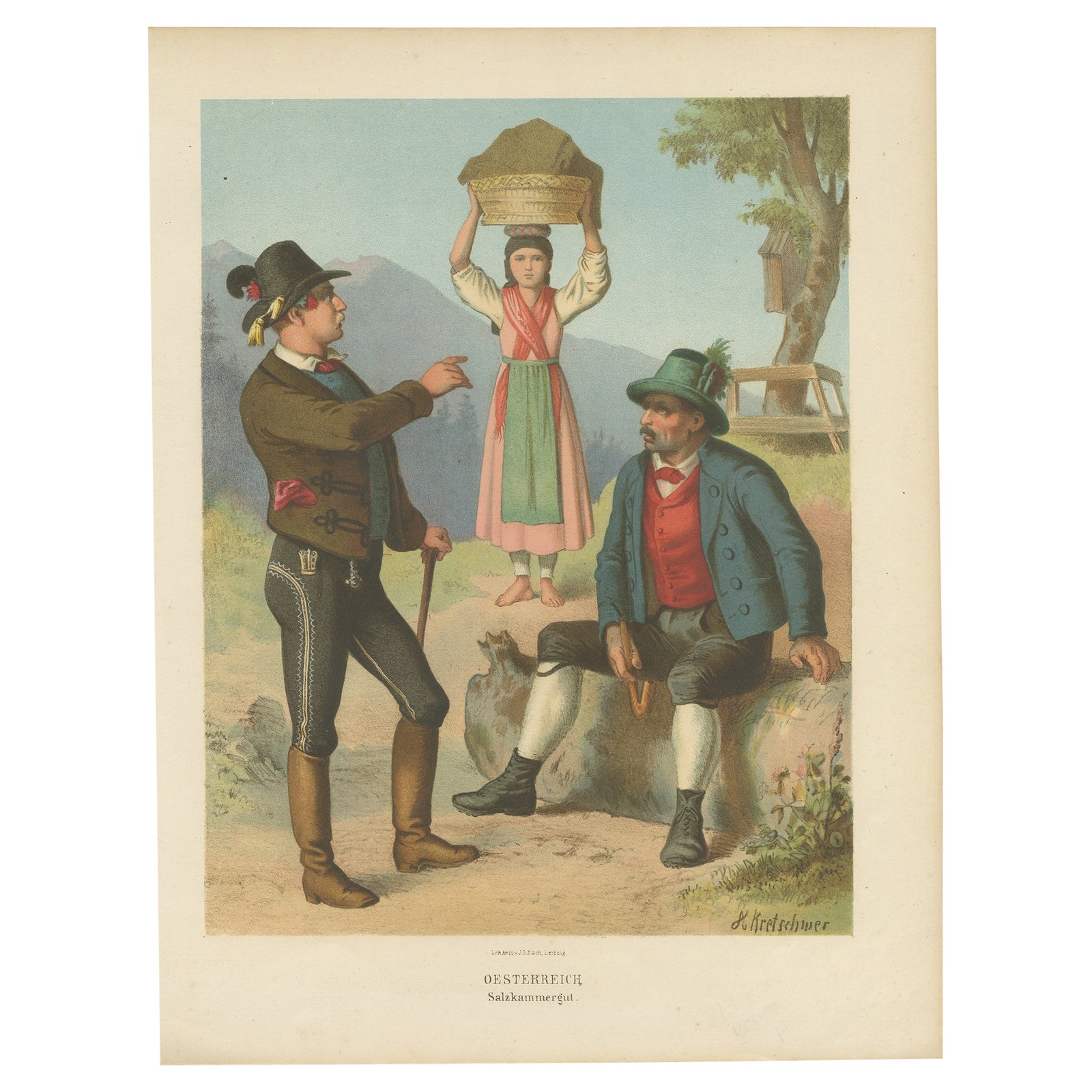 Old Print Showing the Costumes of Austria, Region Salzkammergut, 1870