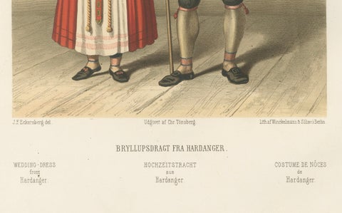 Norwegian Bride and Groom in Hardanger Dress, Antique Print, 1860s, close-up 2