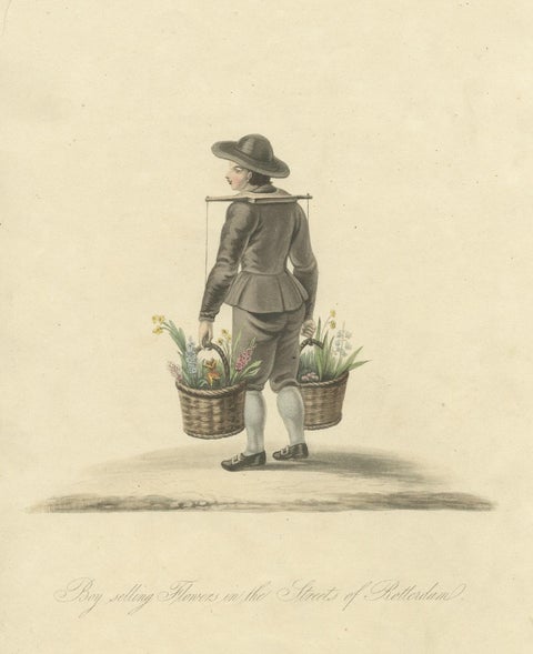 Antique Handcolored Print of a Boy Selling Flowers in Rotterdam, Holland, 1817, close-up 1