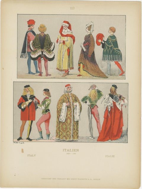 Italy 10th–16th Century, Set of Eight Antique Hand-Colored Costume Prints, 1880, view 9