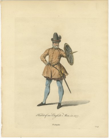 Habit of an English Man in 1577, Sword and Buckler, Jefferys Plate, 1757, view 2