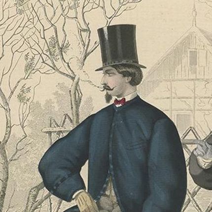 Antique Fashion Print of Men and Women Illustrating the Fashion Trends of 1865, close-up 1