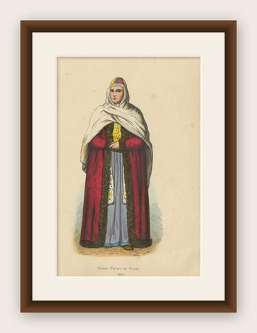 Antique Costume Print of a Tartar Woman from Tomsk by Wahlen, 1843, shown framed