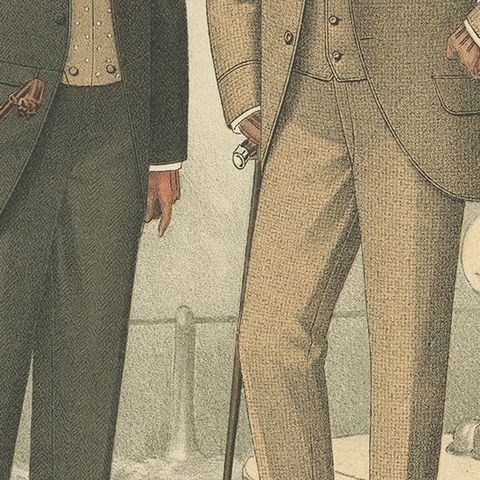 Old Fashion Print of Men Illustrating the Fashion Trends of the Summer of 1898, close-up 2