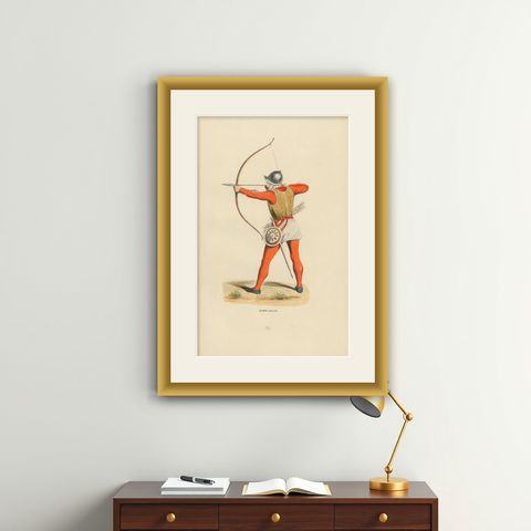English Archer in Mid-Draw, Costume Di Moyen Age, 1847, shown framed on a wall