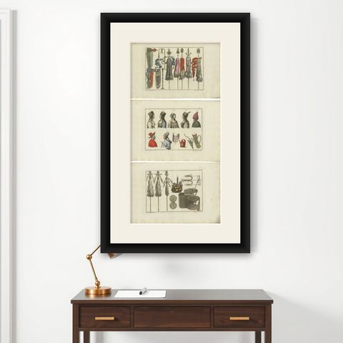 Set of 3 Antique Prints of Turkish Costumes & Utensils in the Middle Ages, 1810, shown framed on a wall
